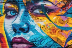 Fototapeta: Twarz kobiety na kolorowym ceglanym murze