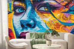 Fototapeta: Twarz kobiety na kolorowym ceglanym murze