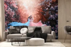 Fototapeta: Two women in long dresses hugging train flies wind. bright fabulous