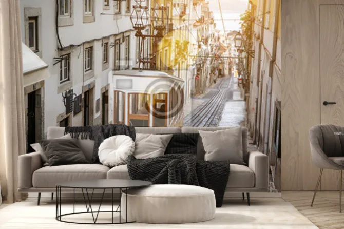 Fototapeta: Żółty tramwaj w lizbonie pejzaż