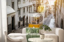 Fototapeta: Żółty tramwaj w lizbonie pejzaż