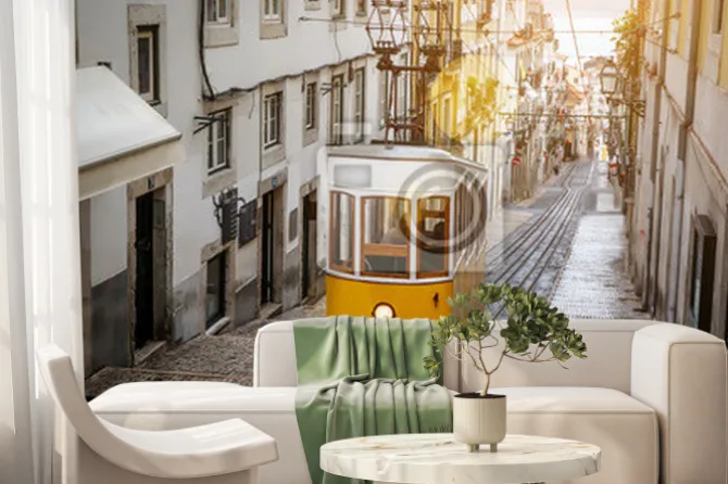 Fototapeta: Żółty tramwaj w lizbonie pejzaż