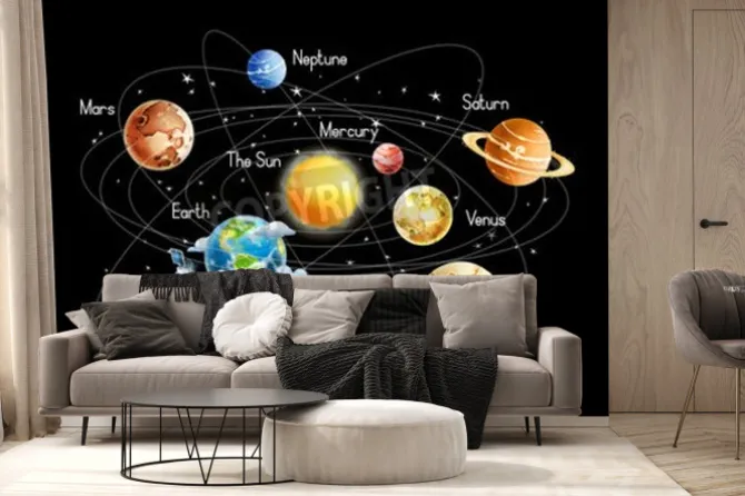 Fototapeta: Układ słoneczny z podpisami na czarnym tle