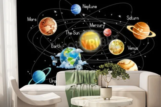 Fototapeta: Układ słoneczny z podpisami na czarnym tle