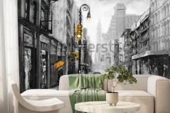 Fototapeta: Ulica nowego jorku z żółtymi taksówkami i parasolką