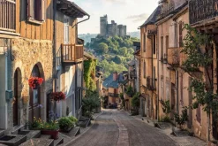 Fototapeta: Ulica we francuskiej wiosce z widokiem na zamek