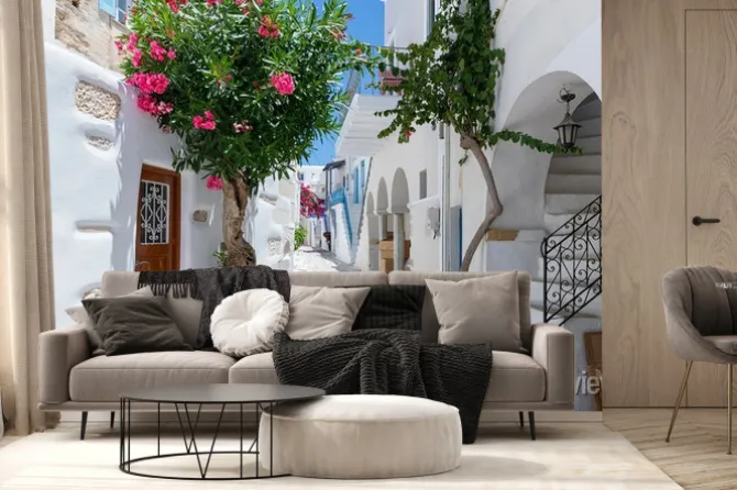 Fototapeta: Uliczka między białymi domami na santorini