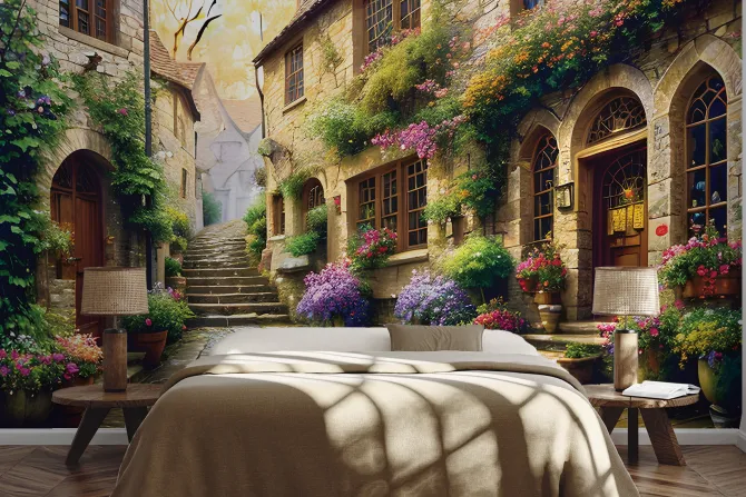 Fototapeta: Uliczka z kamienicami wśród kwiatów