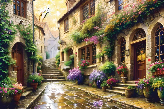 Fototapeta: Uliczka z kamienicami wśród kwiatów