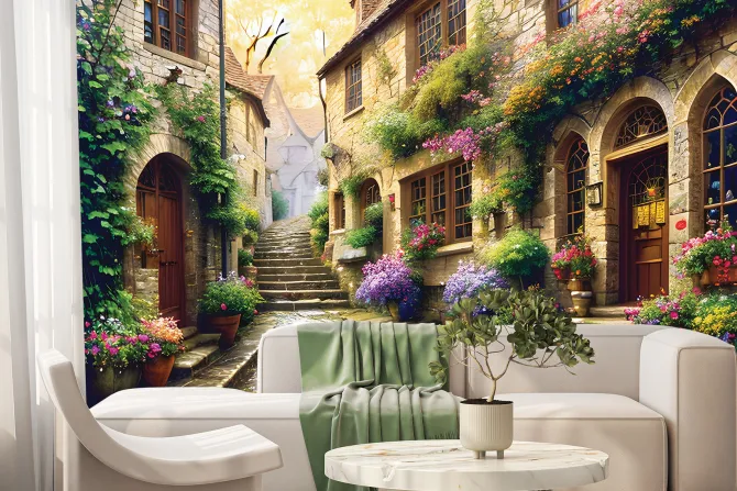 Fototapeta: Uliczka z kamienicami wśród kwiatów