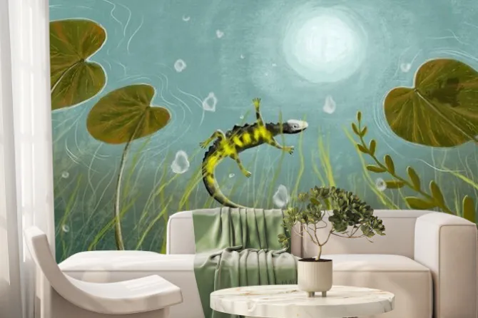 Fototapeta: Underwater world. frog on lotus leaf. childrens interior wallpaper.