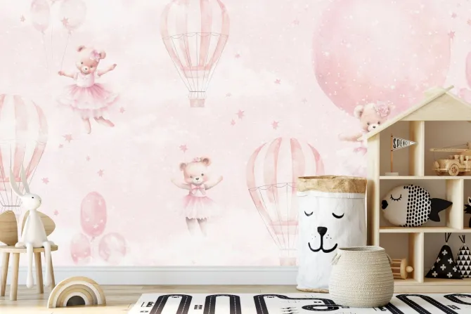 Fototapeta: Urocze misie z balonikami na różowym pastelowym niebie