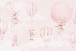 Fototapeta: Urocze misie z balonikami na różowym pastelowym niebie