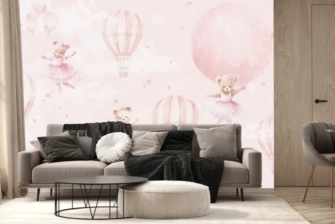 Fototapeta: Urocze misie z balonikami na różowym pastelowym niebie