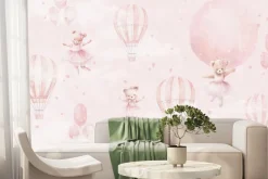 Fototapeta: Urocze misie z balonikami na różowym pastelowym niebie