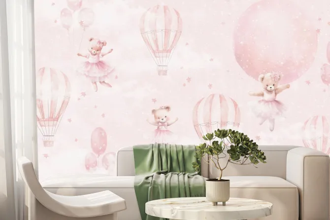 Fototapeta: Urocze misie z balonikami na różowym pastelowym niebie