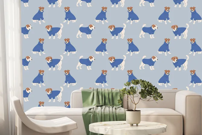 Fototapeta: Urocze pieski na niebieskim tle wzór dziecięcy