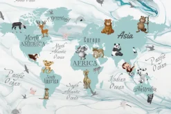 Fototapeta: Urocze zwierzątka na kontynentach mapa świata dla dzieci