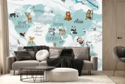 Fototapeta: Urocze zwierzątka na kontynentach mapa świata dla dzieci