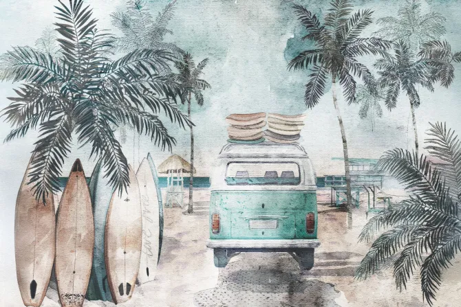 Fototapeta: Van i deski surfingowe na plaży akwarela ilustracja