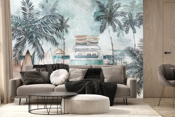 Fototapeta: Van i deski surfingowe na plaży akwarela ilustracja