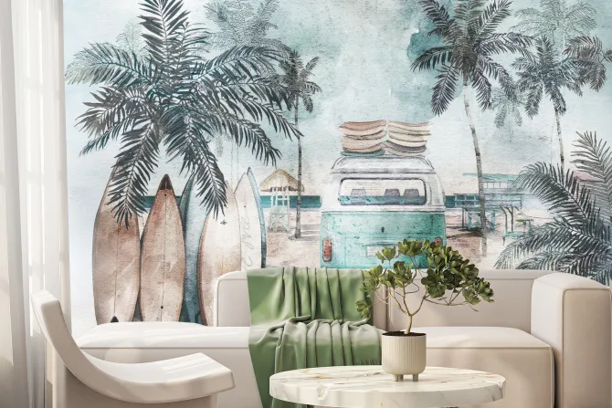 Fototapeta: Van i deski surfingowe na plaży akwarela ilustracja