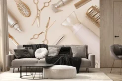 Fototapeta: Various hairdresser tools flat lay on pink background top view