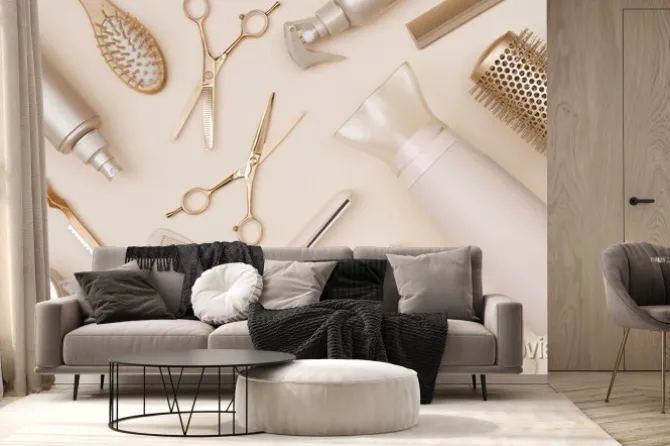 Fototapeta: Various hairdresser tools flat lay on pink background top view