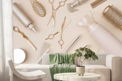 Fototapeta: Various hairdresser tools flat lay on pink background top view