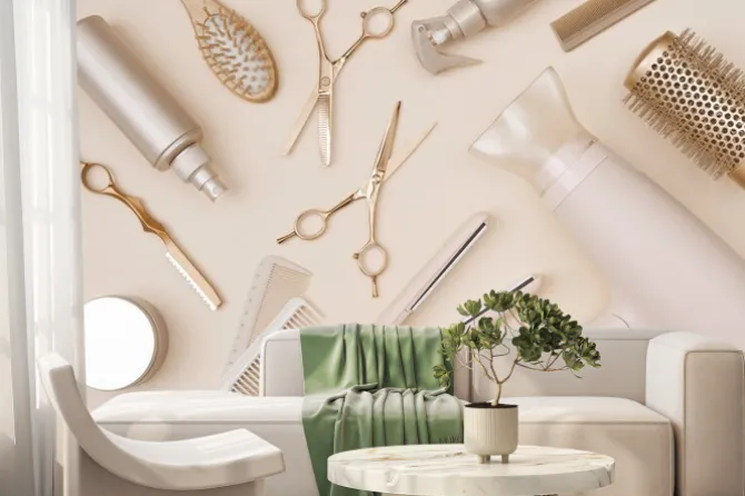 Fototapeta: Various hairdresser tools flat lay on pink background top view