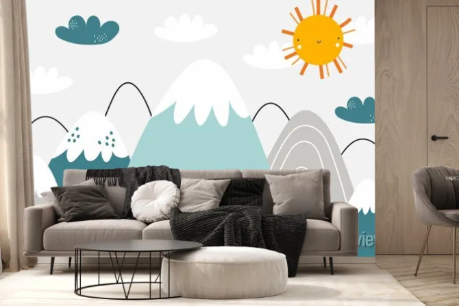 Fototapeta: Vector children hand drawn color mountain illustration in scandinavian