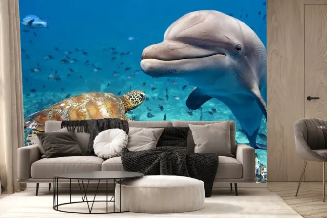 Fototapeta: Żółw i delfin pod wodą