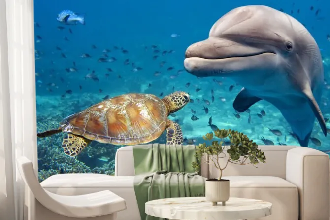 Fototapeta: Żółw i delfin pod wodą