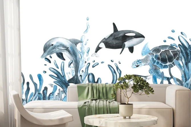 Fototapeta: Żółw wodny i delfina wśród roślinności