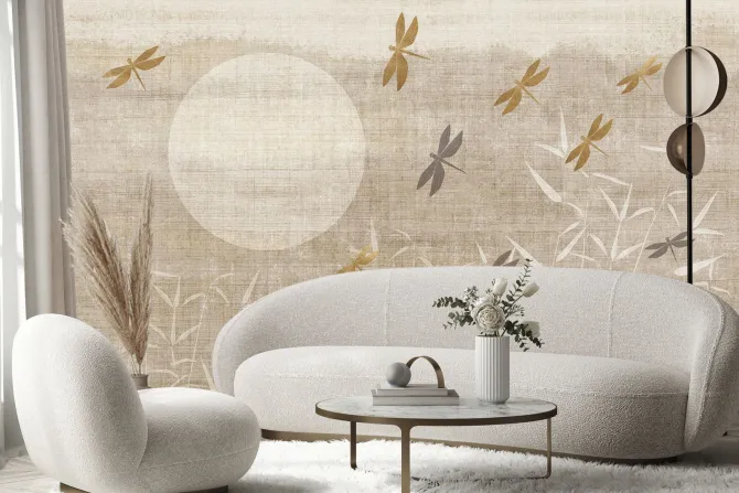 Fototapeta: Ważki nad trzcinami o wschodzie słońca