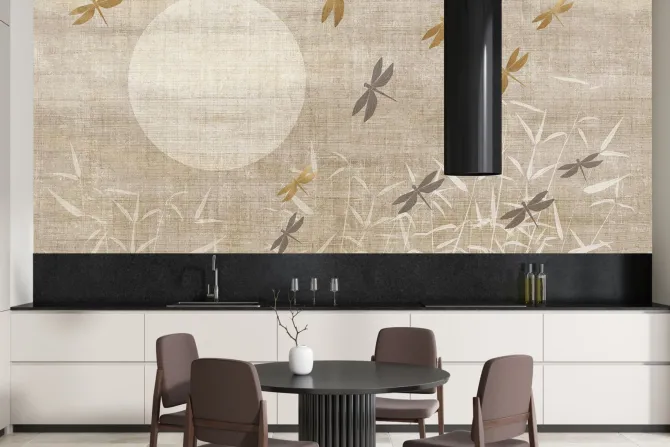 Fototapeta: Ważki nad trzcinami o wschodzie słońca