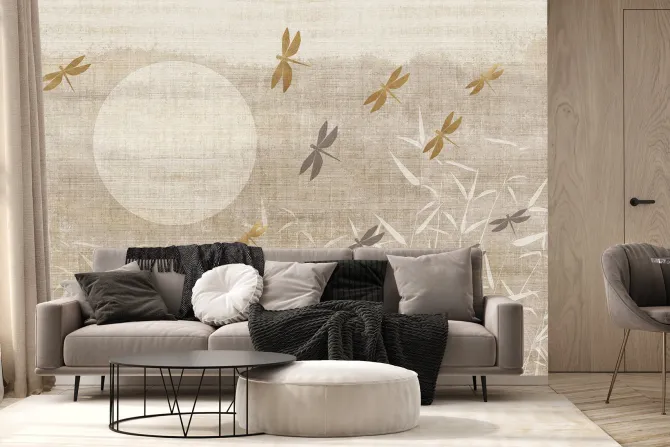 Fototapeta: Ważki nad trzcinami o wschodzie słońca