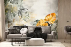 Fototapeta: Wallpaper watercolor exotic plams leaves and flowers in washed