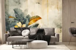 Fototapeta: Wallpaper watercolor exotic plams leaves and flowers in washed