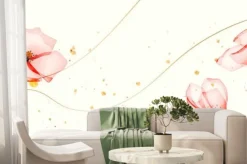 Fototapeta: Watercolor art background with pink flowers and golden ink drops.