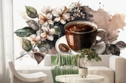 Fototapeta: Watercolor coffe cup, concept coffee and flowers art illustration,