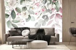 Fototapeta: Watercolor floral seamless border with green leaves, pink peach