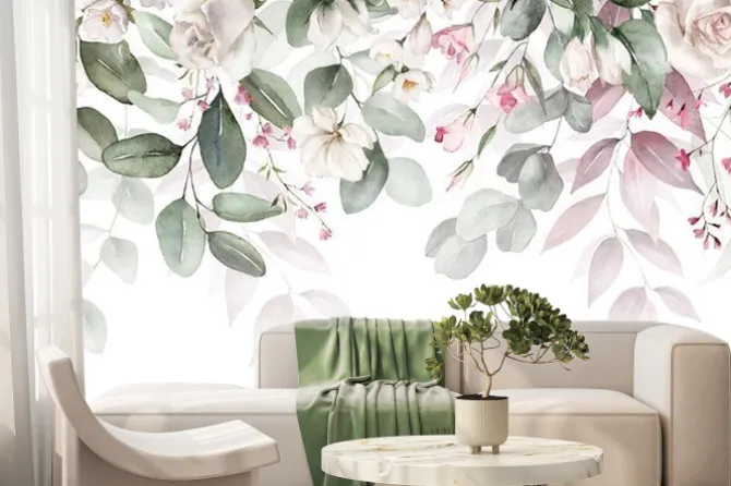 Fototapeta: Watercolor floral seamless border with green leaves, pink peach