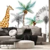 Fototapeta: Watercolor safari animals with tropical palms composition. african