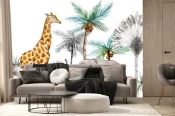 Fototapeta: Watercolor safari animals with tropical palms composition. african