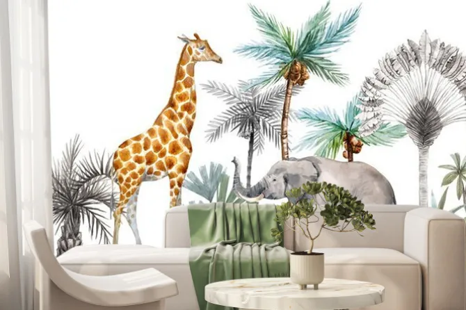 Fototapeta: Watercolor safari animals with tropical palms composition. african
