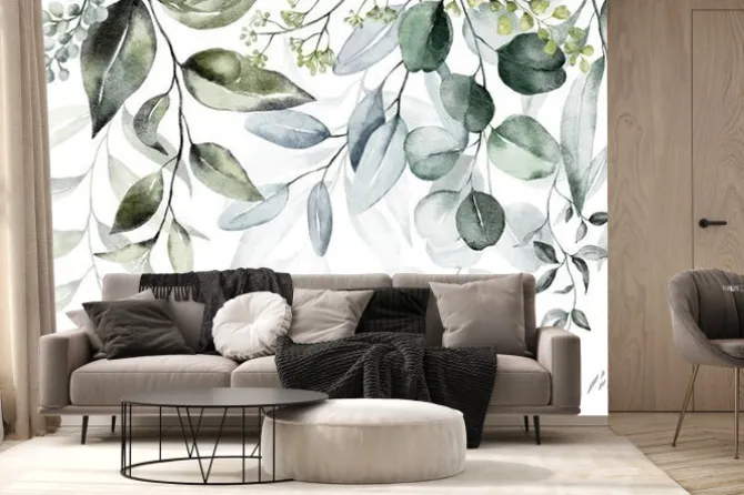 Fototapeta: Watercolor seamless border - illustration with green leaves and