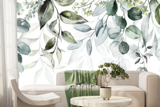 Fototapeta: Watercolor seamless border - illustration with green leaves and