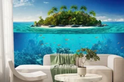 Fototapeta: Waterline between tropical island and coral reef. based on generative