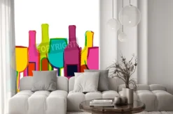 Fototapeta: Wektor bez szwu tła akwarela, kolorowe butelki wina i szklanki.